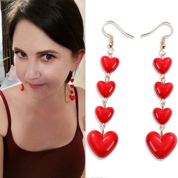 NEW!! GORGEOUS RED HEART TASSEL DROP DANGLING EARRINGS  - BOUTIQUE Gift Love - Picture 6 of 8